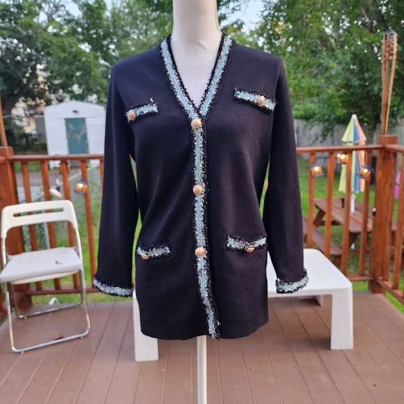Navy Blue women's four Pockets Jacket button Down Sweater Fits L - Picture 2 of 7
